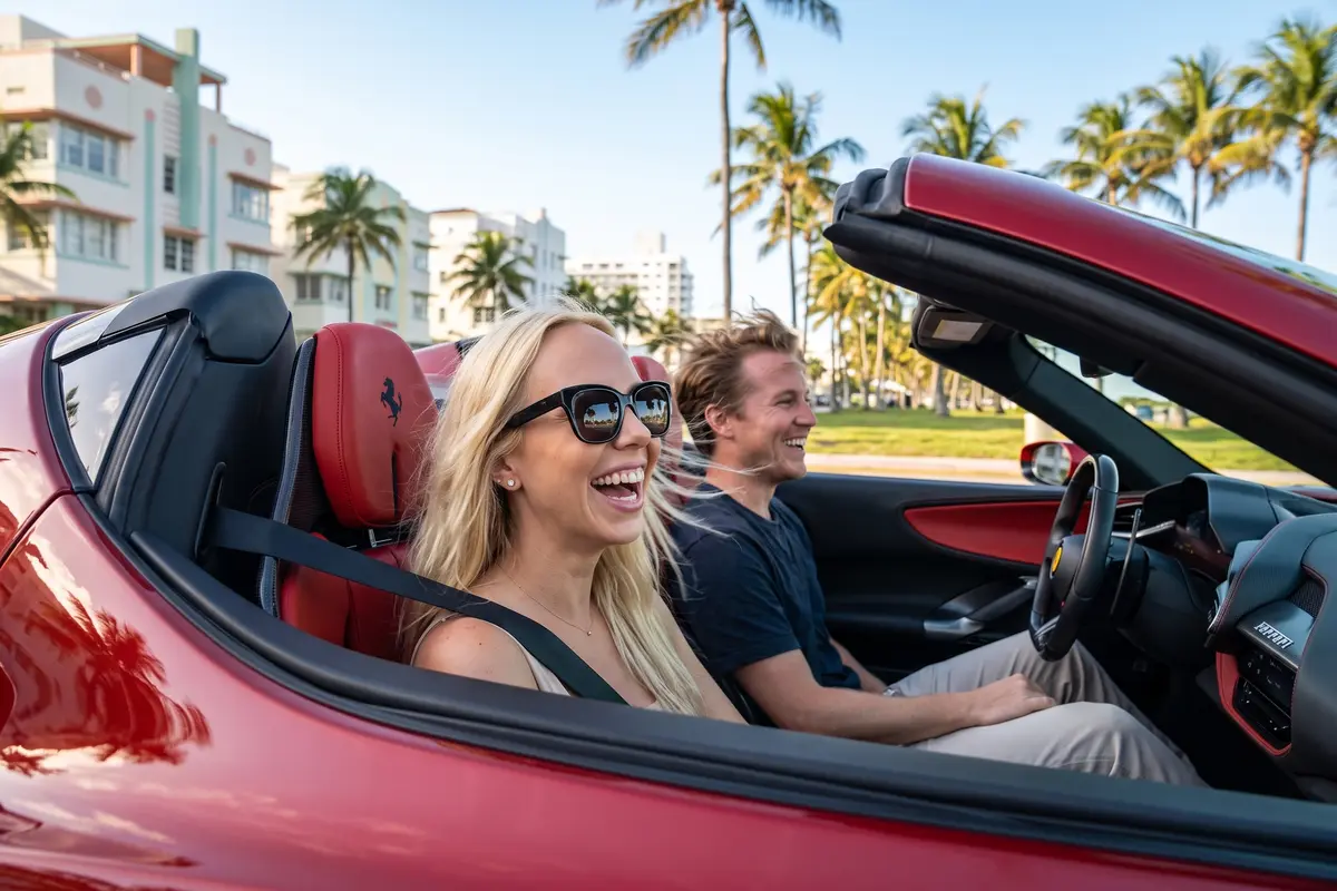 Casal sorridente aproveitando um passeio em uma Ferrari conversível vermelha em Ocean Drive.