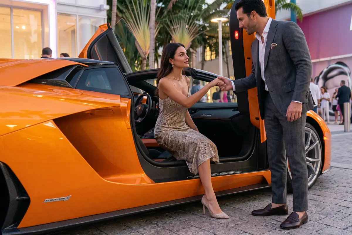 Homem elegante segurando a mão de uma mulher ao sair de um Lamborghini Aventador S laranja no Art Basel Miami.