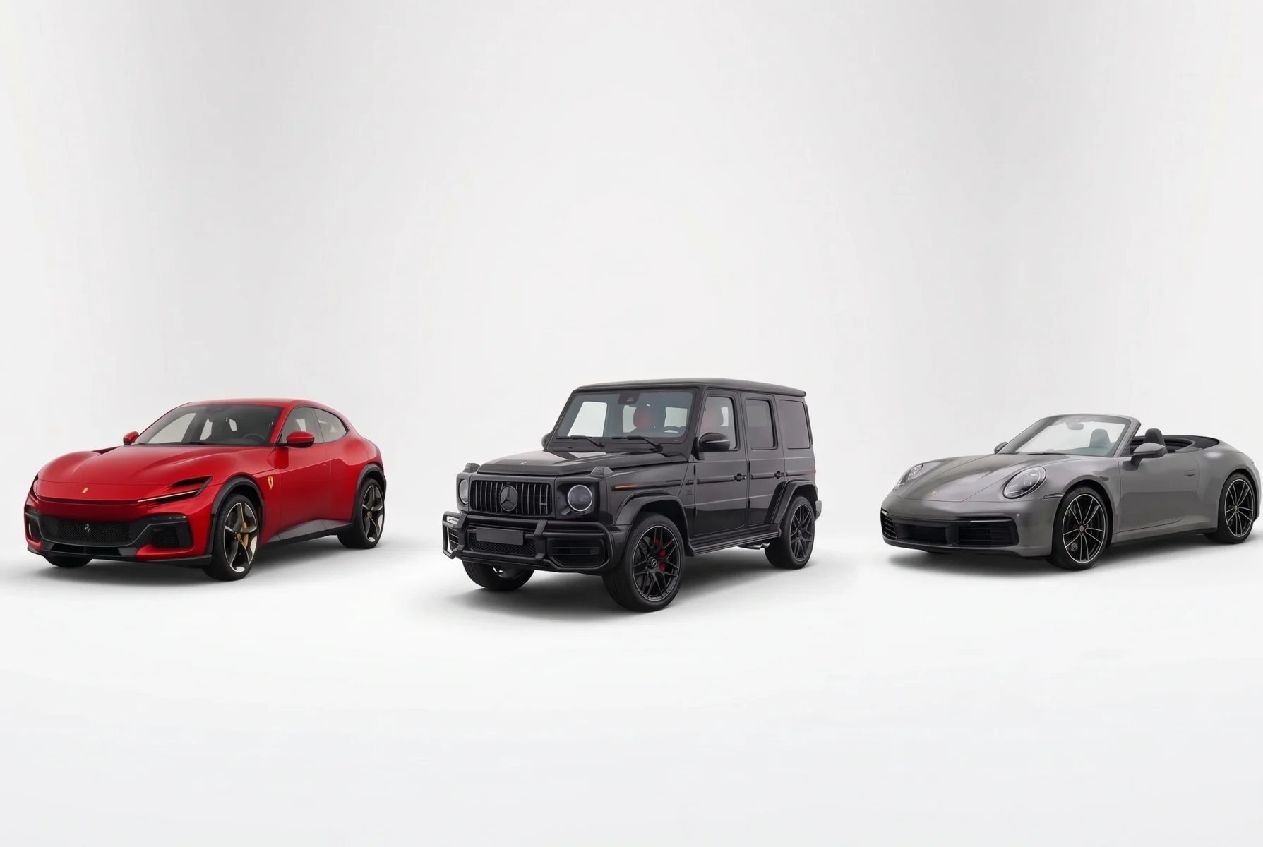 Red Ferrari Purosangue, black Mercedes G-Class, and gray Porsche 911 convertible isolated on a white studio background.